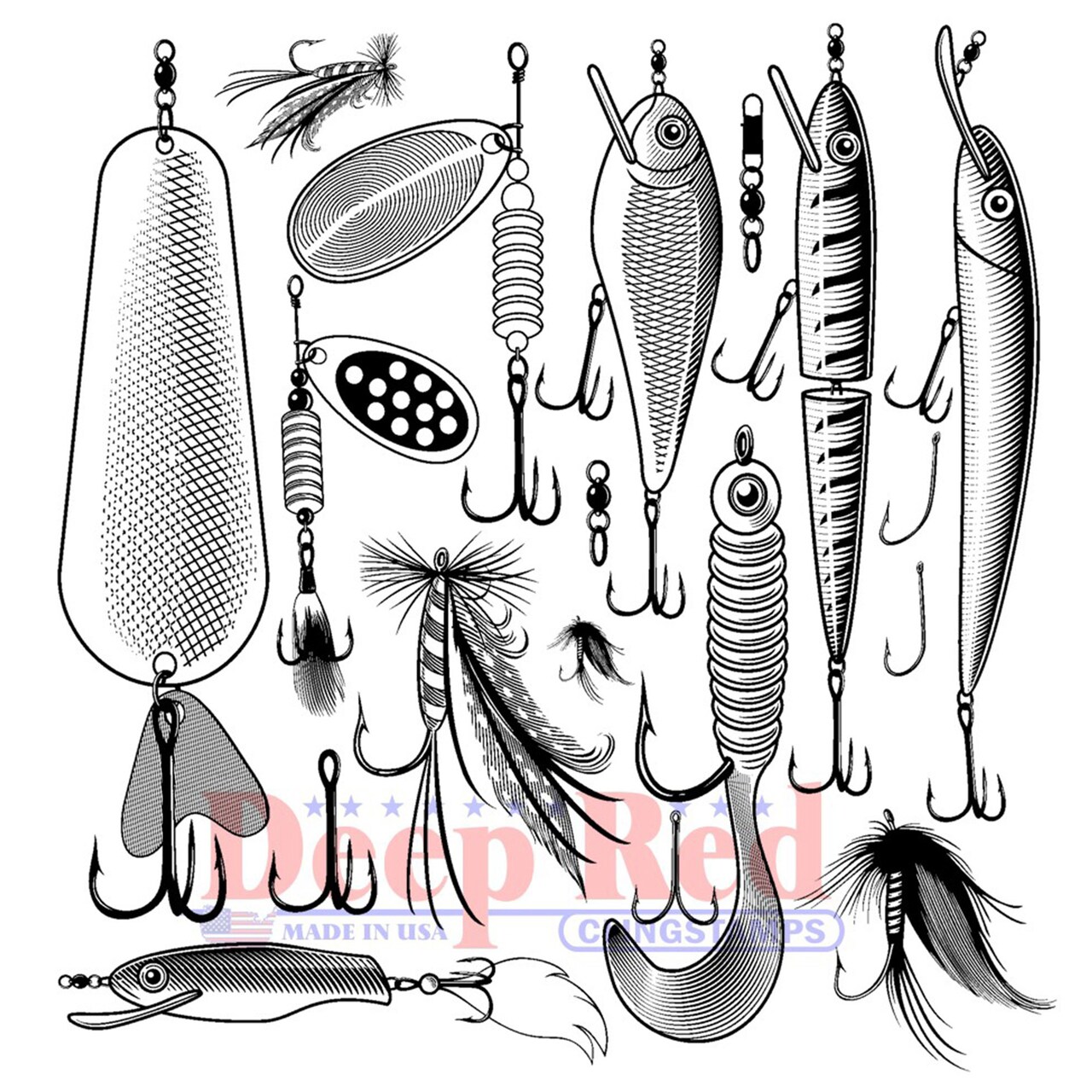 Deep Red Stamps Fishing Lures Background Rubber Cling Stamp 3 x 3 inches